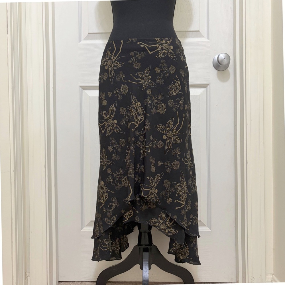 Thorn & Fable Midi Skirt S Black Fairy Skeleton Floral Handkerchief Hem Grunge